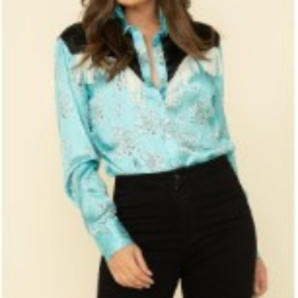 White Label By Panhandle Women's Turquoise Floral Fringe Shirt